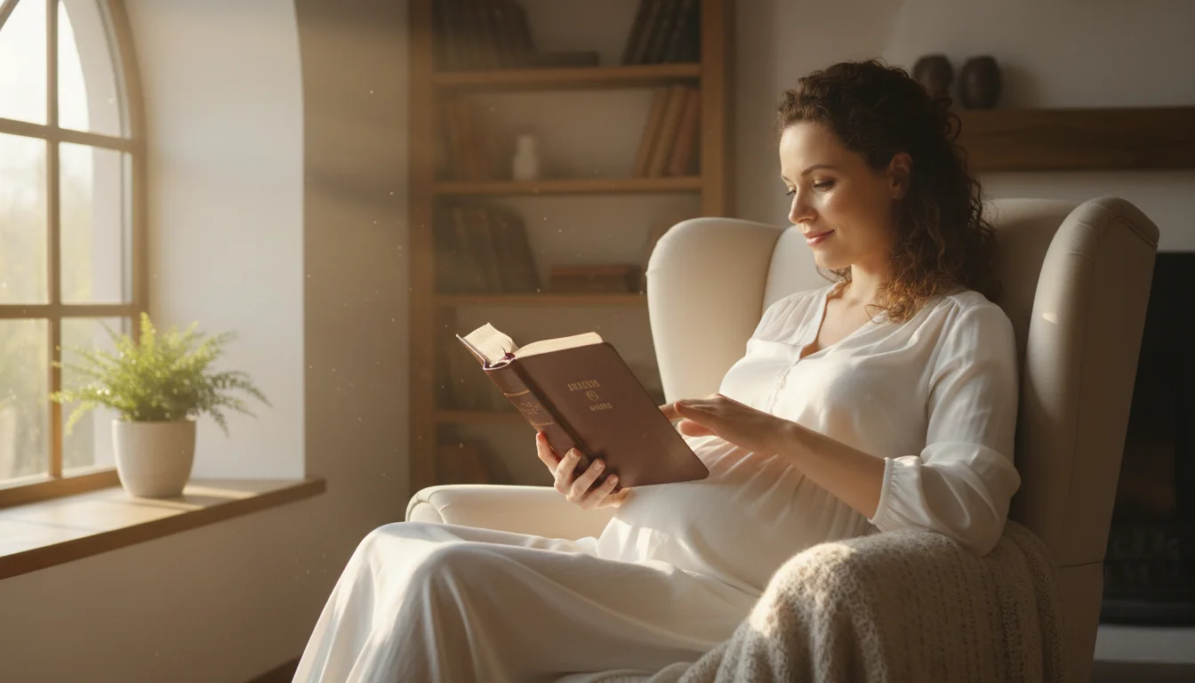 Pregnant woman peacefully reading her Bible by a sunlit window in a cozy room