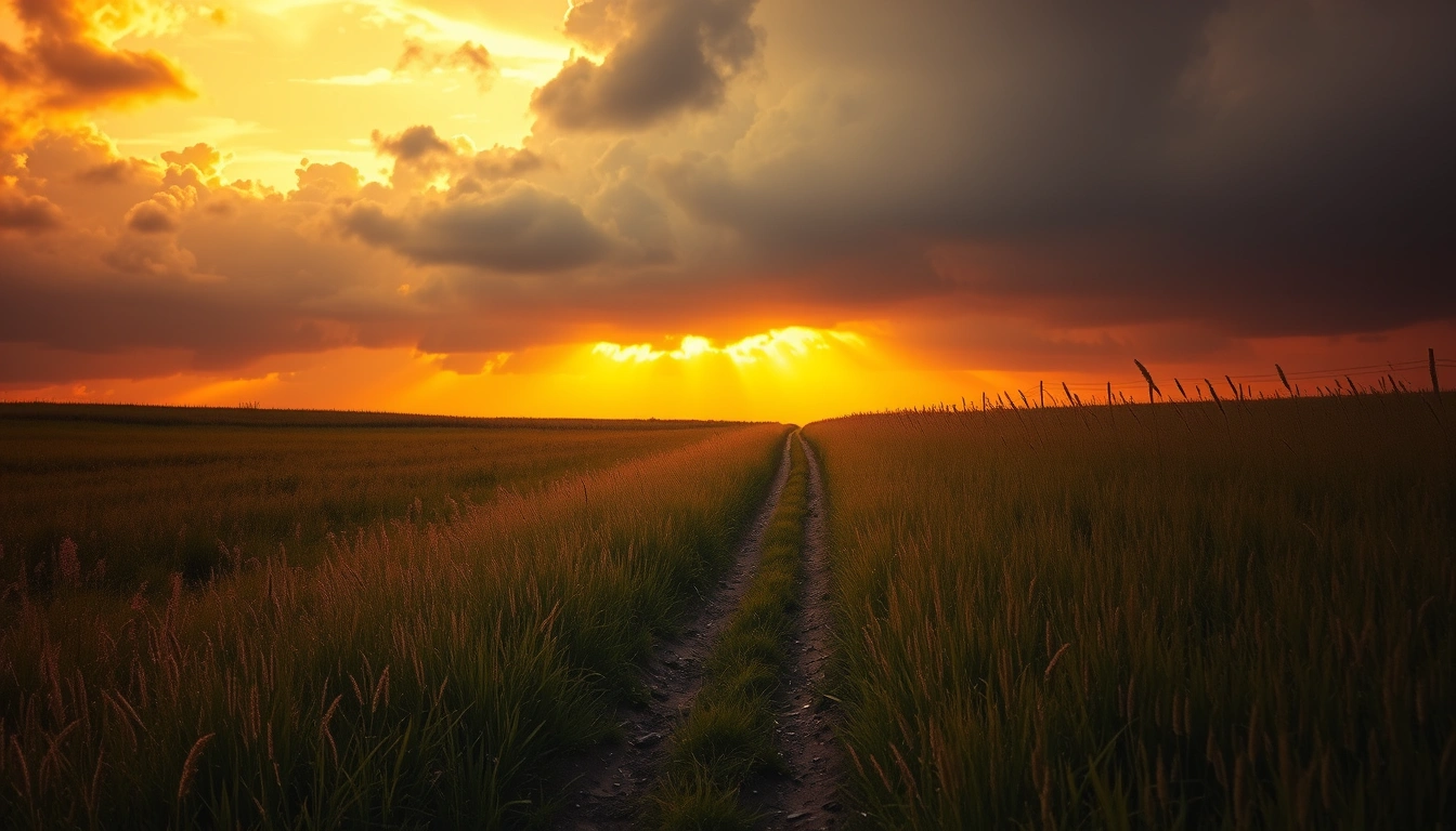 Golden sunrise light breaking through storm clouds over a peaceful meadow with a winding path leading toward the horizon