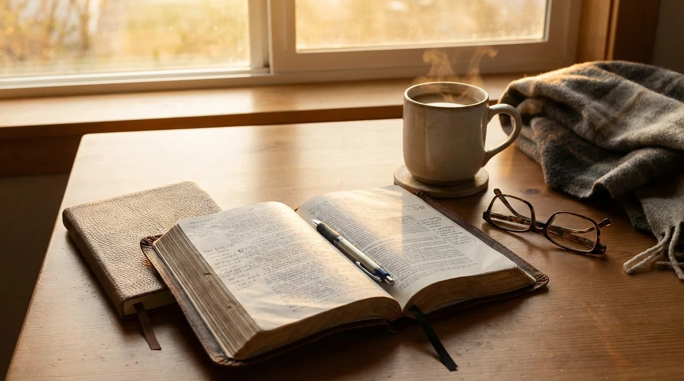 An open Bible beside a journal with handwritten notes on a wooden desk, with coffee and soft morning light