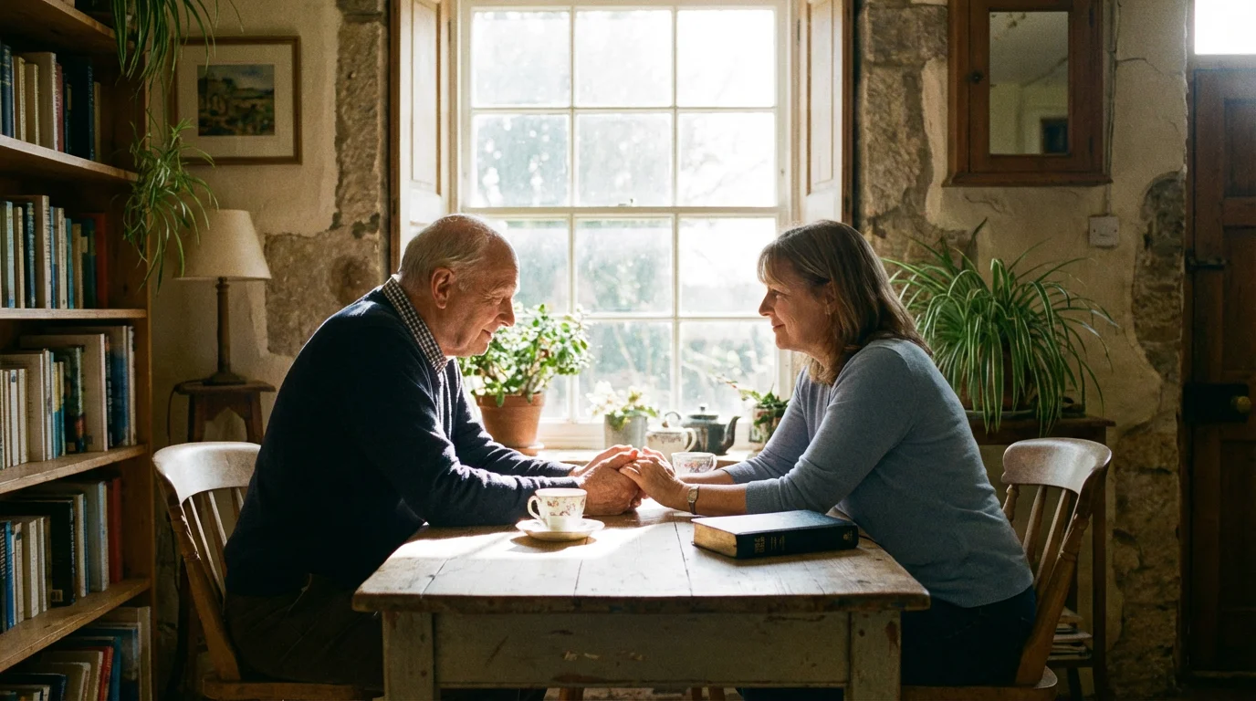 Two people in a peaceful, sunlit room having a quiet, prayerful conversation with an open Bible and cups of tea