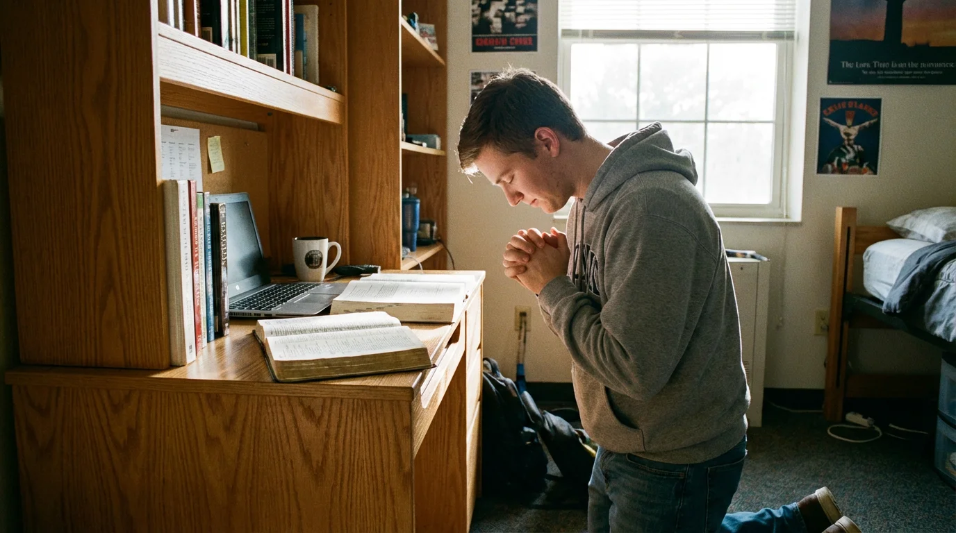 Student praying at a study desk before an exam with notes and Bible nearby