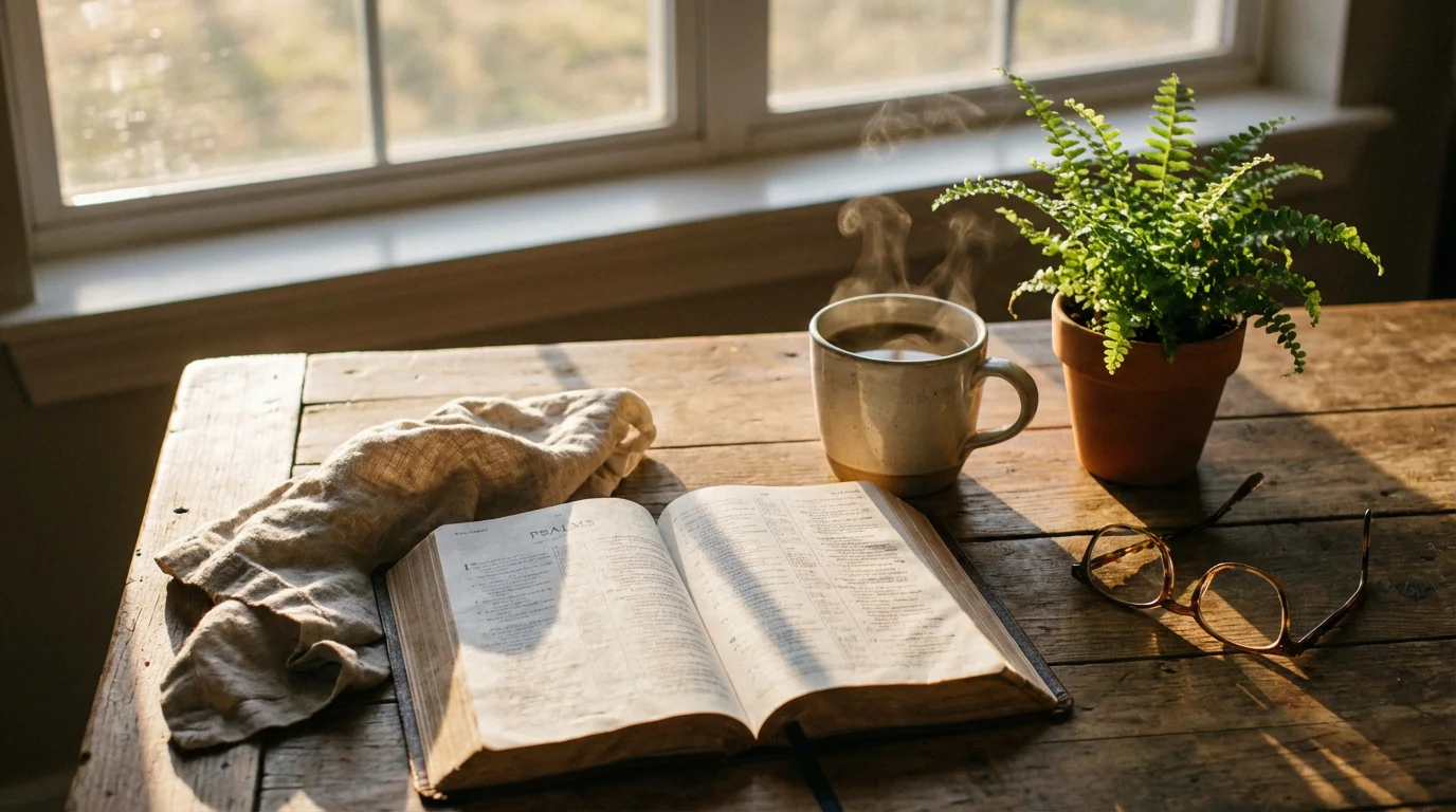 An open Bible on a wooden table beside a cup of coffee in warm morning sunlight with a small green plant nearby