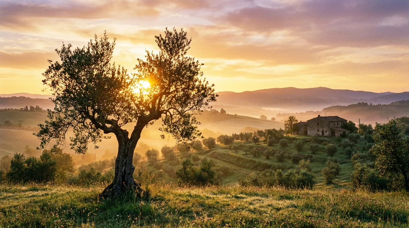 A golden sunrise breaking over green hills with an olive tree in the foreground symbolizing peace