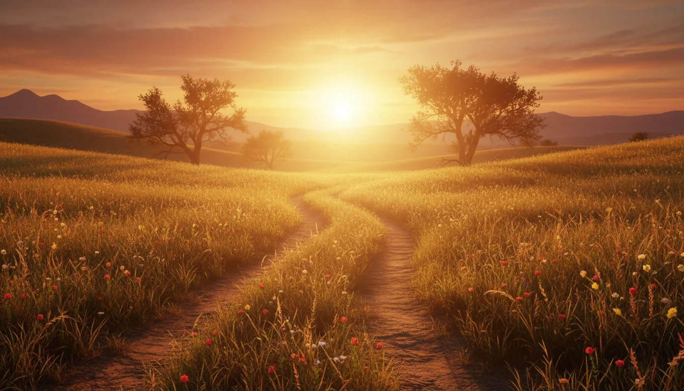 A peaceful sunlit path winding through a green meadow toward a golden horizon