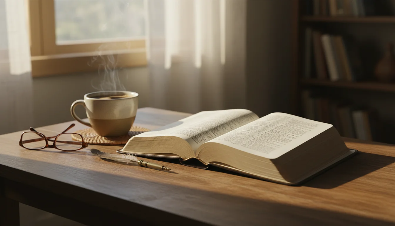 Open Bible on a sunlit wooden table with coffee and wildflowers, creating a warm and peaceful morning scene