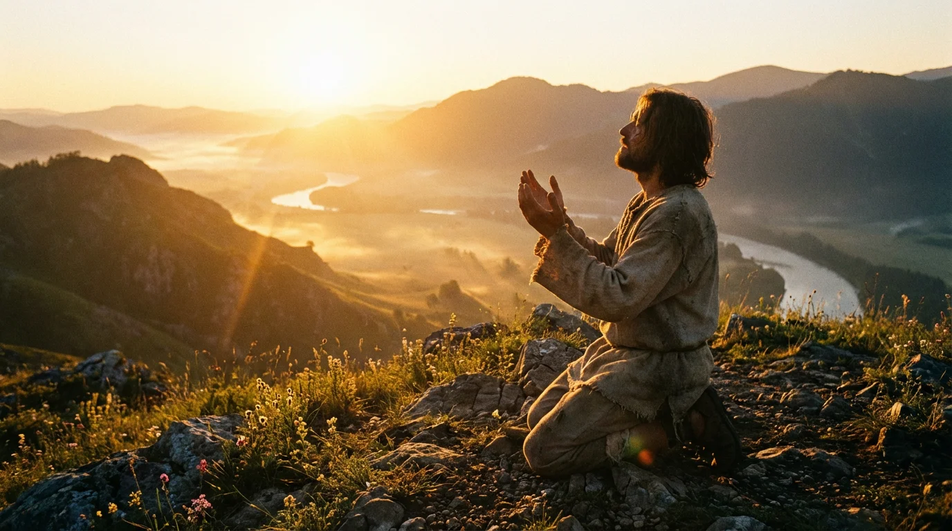 A person kneeling in prayer on a peaceful hilltop at sunrise with golden light breaking through clouds