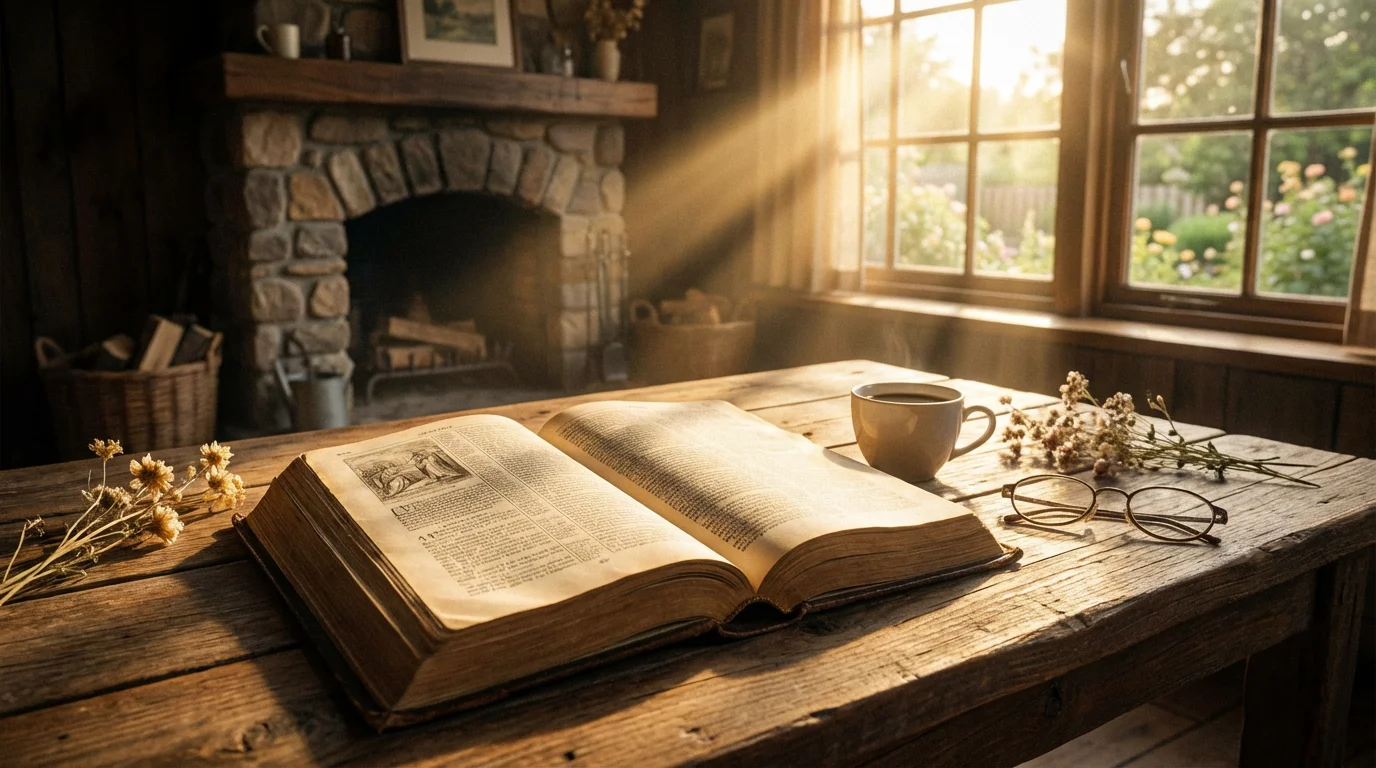 Open Bible on a rustic wooden table with golden morning light streaming through a window