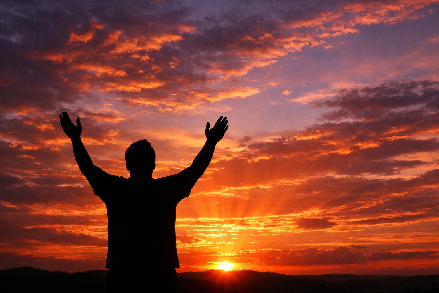 Silhouetted person praising at glowing sunset sky