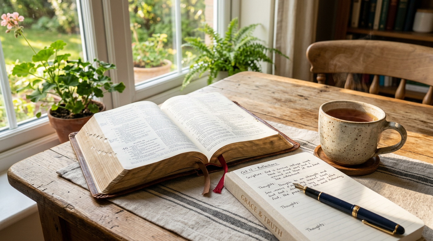 Open Bible and journal on sunlit table with tea
