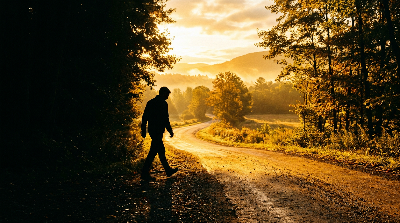 Silhouette walking from darkness into golden sunlight road