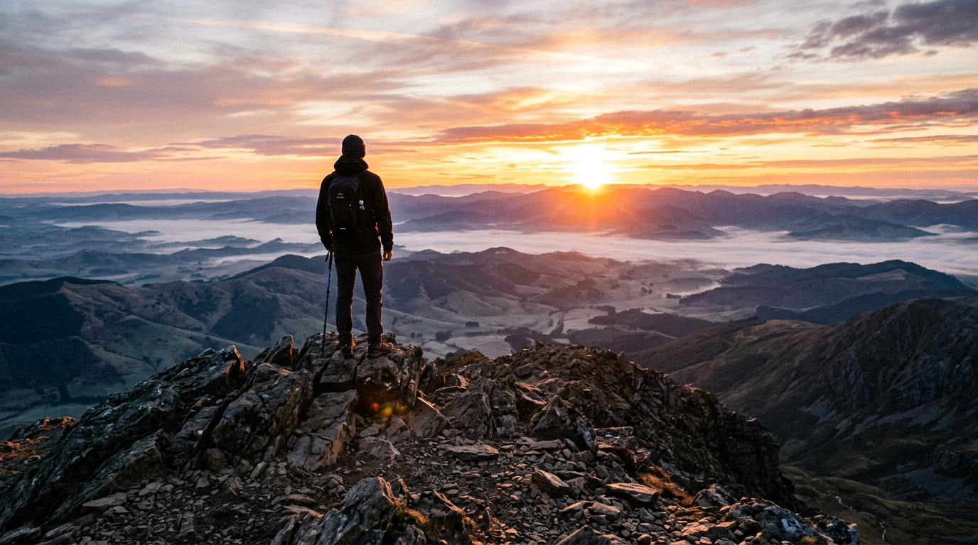 Lone person on rocky hilltop at dawn sunrise
